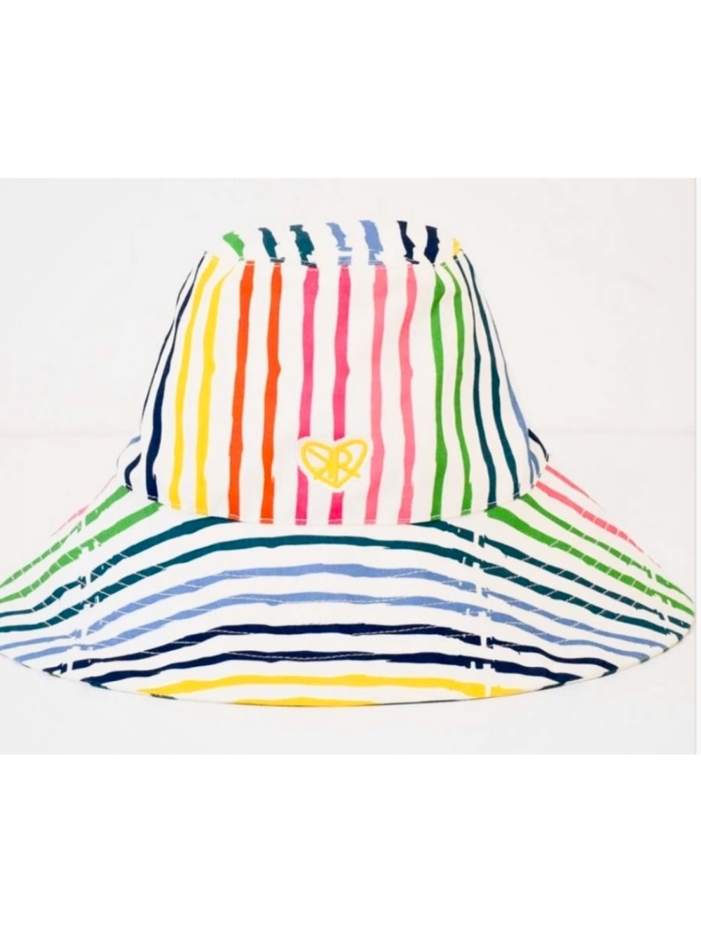 JERRI ROSENTHAL Striped Rainbow Bucket Hat with Gold Heart Logo